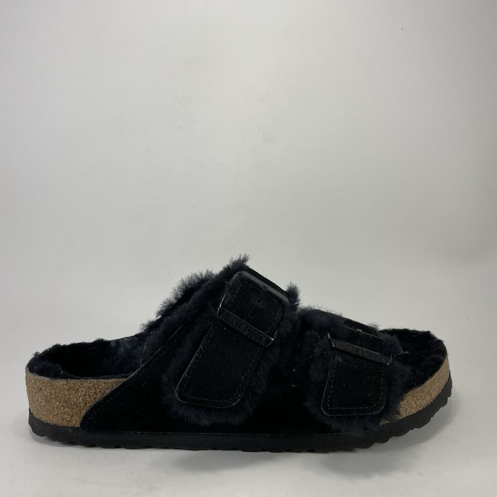 Birkenstock Arizona Womens US 8, EU 39 Black Shearling Fur Two Strap Sandals